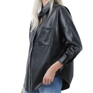 French Connection Oversized Faux Leather Button Down Shirt Black Size Small
